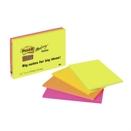 Piezīmju līmlapiņas Post-it Super Sticky 152x101mm, asorti krāsās, 4 gab/iepakojumā (100-08009)