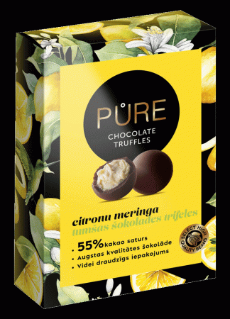 Tumšās šokolādes trifeles ar kraukšķīgo citronu meringas krēma pildījumu 148g, PURE (450-14295)