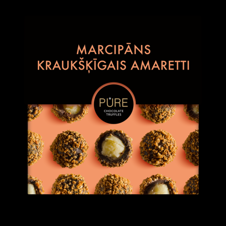 Šokolādes trifeles ar marcipāna krēma pildījumu un kraukšķīgo Amareto cepumu dekoru  96g, PURE (450-25667)