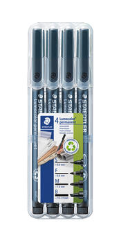 Noturīgais marķieris STAEDTLER LUMOCOLOR 4 dažādu marķieru komplekts (S, F, M, B) melna tinte (200-03744)