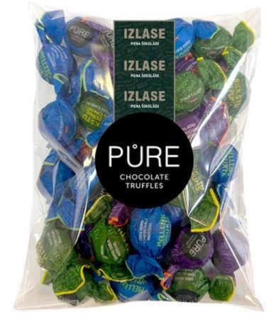 Piena šokolādes trifeles ar pildījum."Asorti" (karamele, lazda cepums, mellene jogurts) 500g, PURE (450-19667)