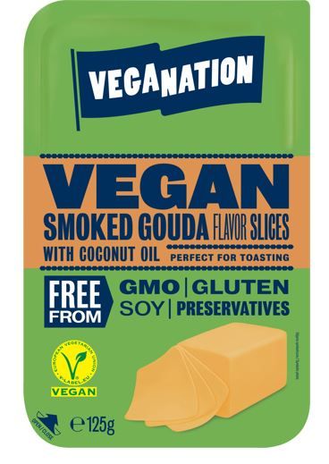 Vegānisks produkts uz augu tauku bāzes, ar kūpināta Gouda siera garšu, VEGANATION, šķēlēs,125g (450-14730)