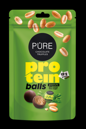 Tumšās šokolādes trifeles ar proteīna zemesriekstu krēma pildījumu 91g PURE (450-23114)