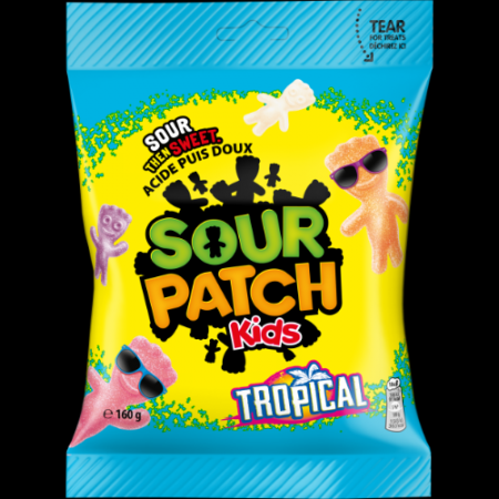 Sour Patch Kids Tropu augļu garšas želejkonfektes  ar skābo cukura apvalku 160g (450-23230)