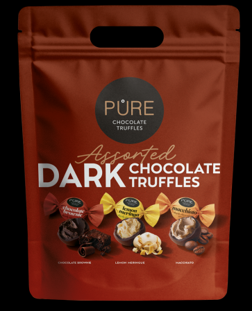 Tumšās šokolādes trifeles ar pildījumiem "ASORTI" 500g PURE Doypack (450-23439)