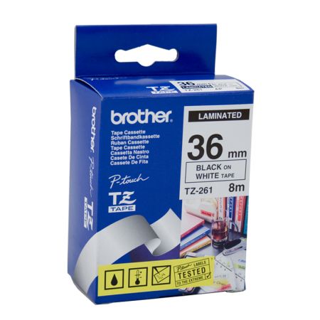 Lenta BROTHER TZE-261, 36 mm x 8 m, melni burti uz balta fona (250-01201)