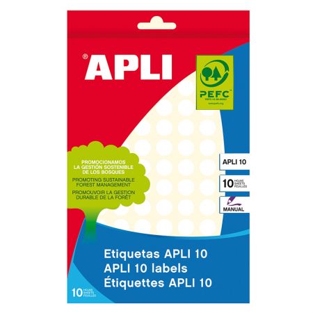 Apaļas uzlīmes APLI ar diametru 10mm, 10 loksnes/1260 uzlīmes baltas (100-00449)