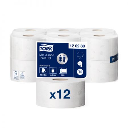 Tualetes papīrs TORK Advanced Mini Jumbo T2, 2 sl., 850 lapiņas rullī, 9.4 cm x 170 m, baltā krāsā ar lapiņām (400-03692)