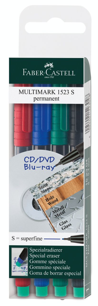 Noturīgais marķieris CD/DVD diskiem FABER CASTELL MULTIMARK S konisks, komplekts 4 krāsas (200-11827)