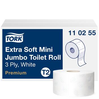Tualetes papīrs TORK Premium Mini Jumbo Extra Soft T2, 3 sl., 600 lapiņas rullī, 9.7 cm x 120 m, baltā krāsā ar lapiņām (400-03687)