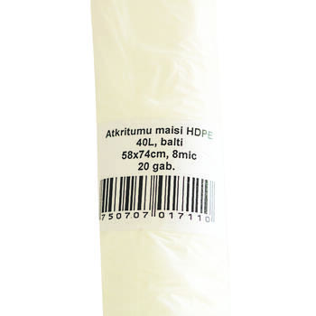 Atkritumu maisi , tilpums 40 L, 58x74 cm, 20 gab./rullī, HDPE, 8 mic, balti (400-04666)