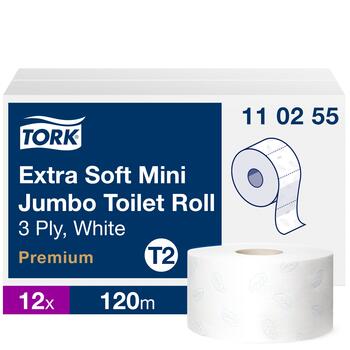 Tualetes papīrs TORK Premium Mini Jumbo Extra Soft T2, 3 sl., 600 lapiņas rullī, 9.7 cm x 120 m, baltā krāsā ar lapiņām (400-03687)