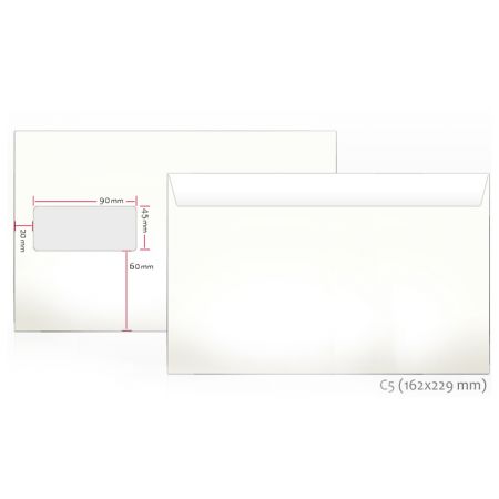 Aploksne, formāts C5 162x229mm, ar logu 45x90mm, 1000 gab./iepak. (200-11566)
