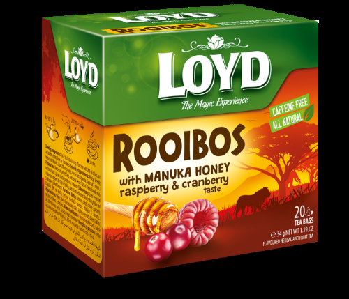 Sarkanā tēja LOYD Pyramids Rooibos ar Manuka medu, avenēm un dzērvenēm, 20x1,7 g (450-11642)