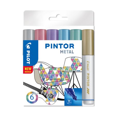 Noturīgais marķieris PILOT PINTOR METALLIC 1.4mm, konisks, 6 krāsu komplekts (200-12420)