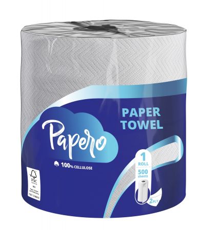Papīra dvieļi PAPERO, 2 slāņi, 90 m, 500 loksnes, 1 rullis (400-11910)