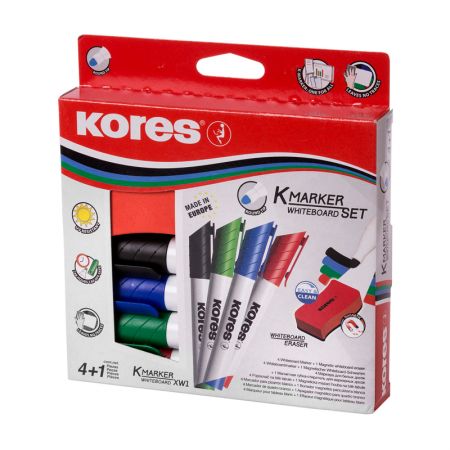 Tāfeles marķieru komplekts ar sūkli KORES KMARKER XW1 konisks, 4 krāsu komplekts (200-11414)
