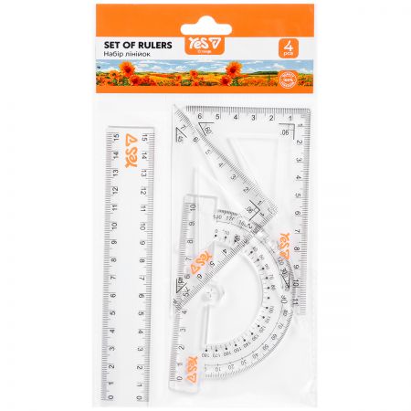 Lineālu komplekts YES Orange Line, 4 priekšmeti, lineāls 15 cm. (200-16631)