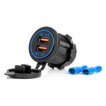 Ūdensdroša telefona lādētājs BLUE LED Backlight 2xUSB QC3.0 12/24V AMIO-04218 (04218)