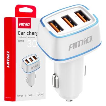 Automašīnas ligzdas Lādētājs 3x USB-A 30W 12/24V AMiO-03889 (03889)
