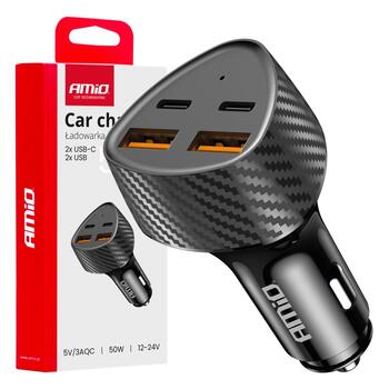 Auto USB lādētājs 50W 2xUSB-A + 2xUSB-C AMIO-04284 (04284)