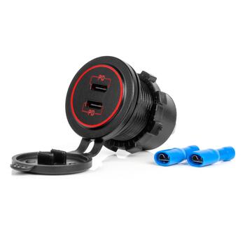 Ūdensdrošs telefona lādētājs RED LED Backlight 2xUSB C 12/24V AMIO-04223 (04223)
