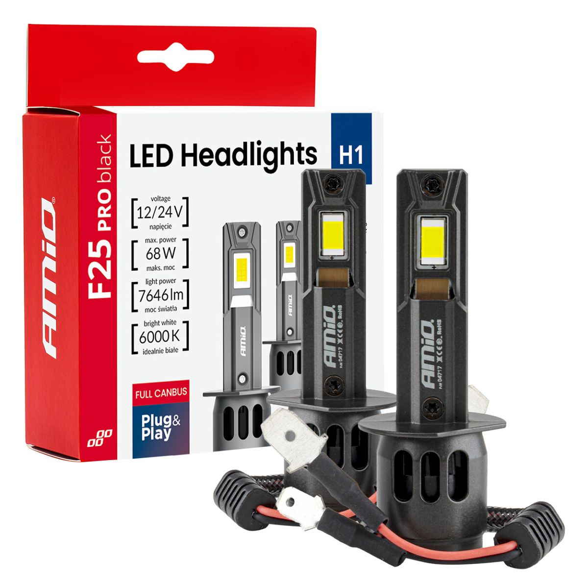 LED Headlights Series F25 PRO BLACK FULL CANBUS H1 68W 12V 24V AMIO-04717 (04717)