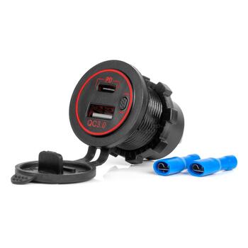 Ūdensdrošs telefona lādētājs RED LED Backlight 2xUSB QC3.0 12/24V AMIO-04221 (04221)