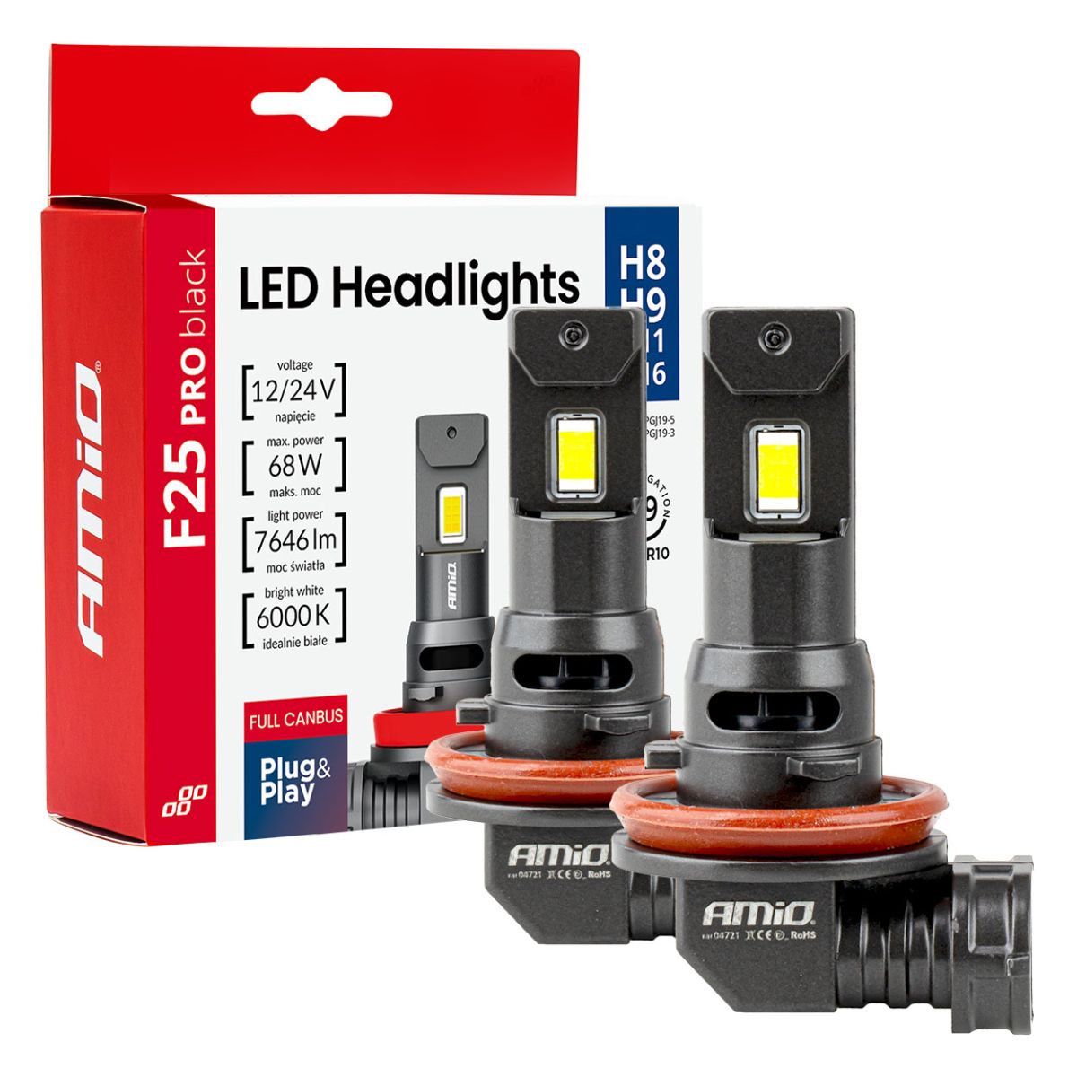 LED Headlights Series F25 PRO BLACK FULL CANBUS H8 H9 H11 H16 68W 12V 24V AMIO-04721 (04721)