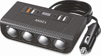 Sadalītājs 4 Ligzdas, 4 USB, 2 C Tipa ligzdas ar voltmetru (51895)
