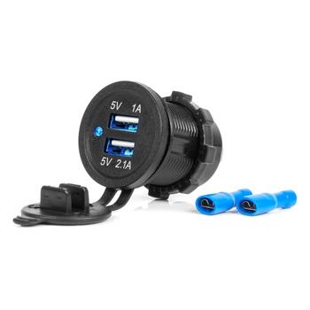 Ūdensdroša telefona lādētājs BLUE LED Indicator 3.1A 2xUSB 12/24V AMIO-04216 (04216)