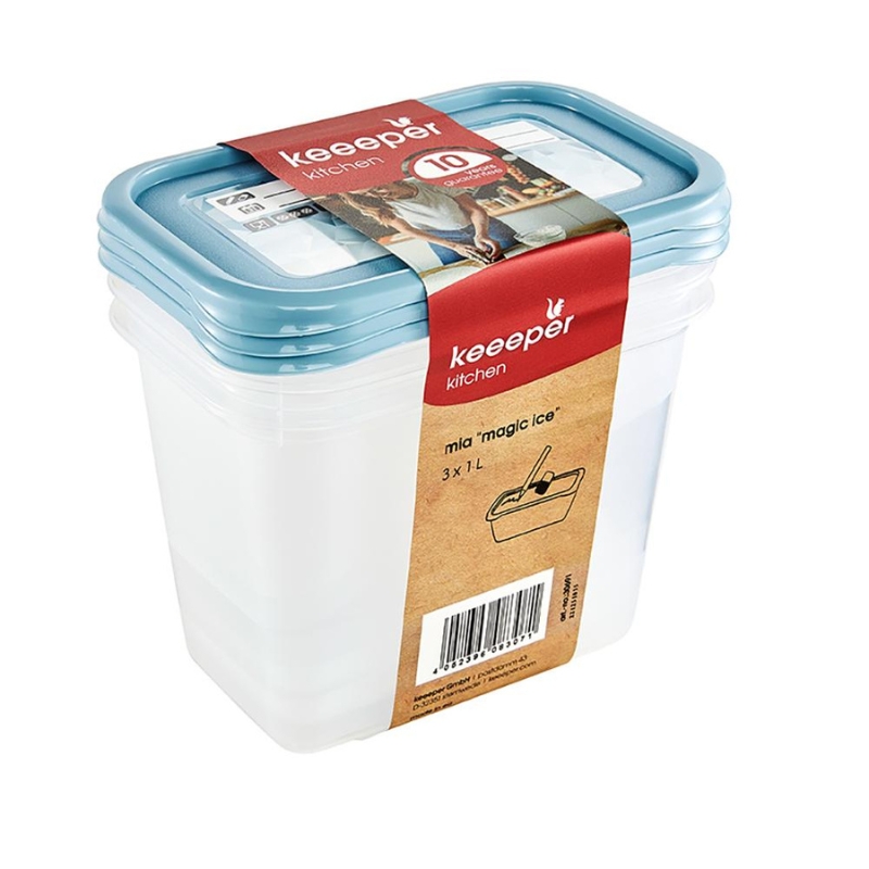 Pārtikas trauciņu komplekts aprakstāms, taisnstūrveida 3x1L Mia „Magic Ice“ caurspīdīgs/zils (0630691680)