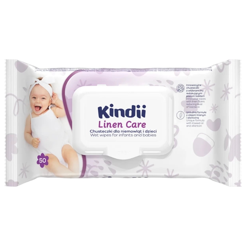 Mitrās salvetes mazuļiem Kindii Linen Care 50 gab. pop-up (2210222518)