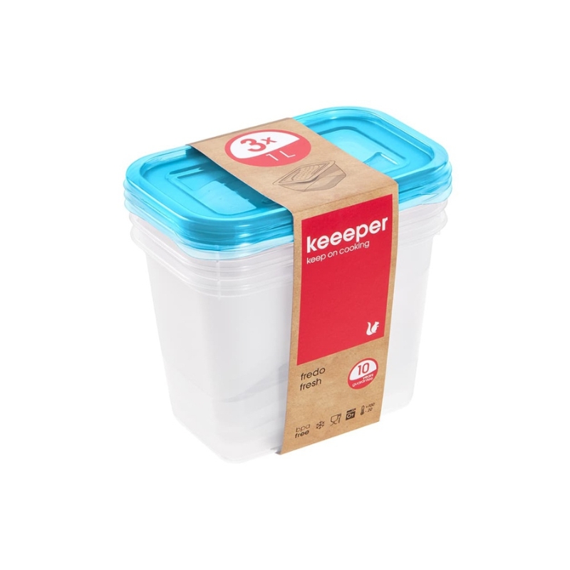Pārtikas trauciņu komplekts taisnstūrveida 3x1L Fredo &bdquo;Fresh&ldquo; caurspīdīgs/gaiši zils (0630674632)