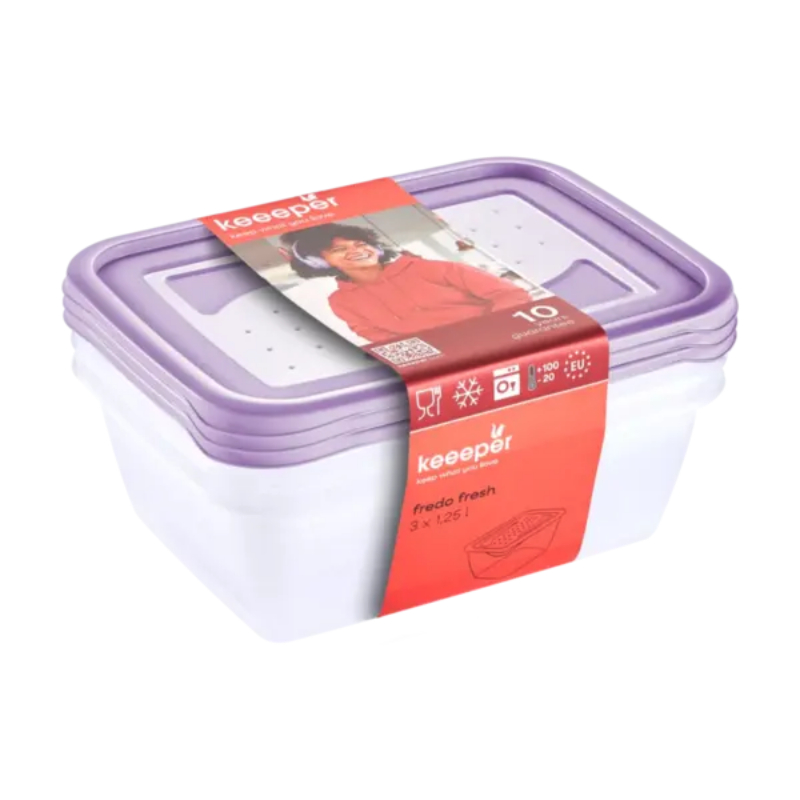 Pārtikas trauciņu komplekts taisnstūrveida  3x1,25L Fredo &bdquo;Fresh&ldquo; caurspīdīgs/maigi violets (0630675525)