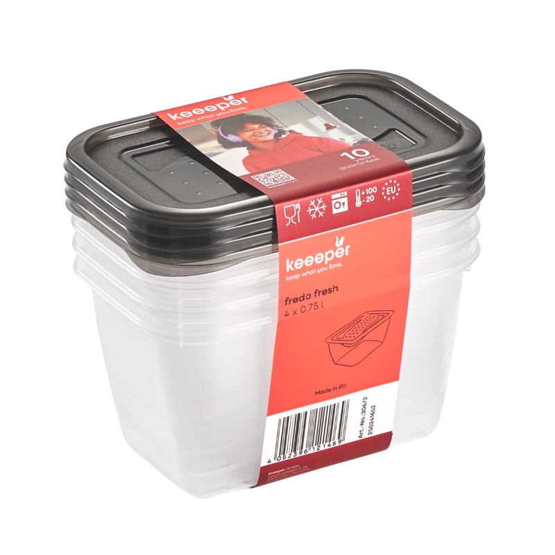 Pārtikas trauciņu komplekts taisnstūrveida 4x0,75L Fredo „Fresh“ caurspīdīgs/kristāla pelēks (0630673827)