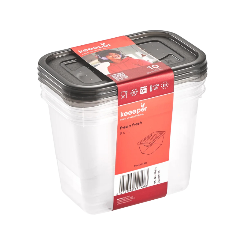 Pārtikas trauciņu komplekts taisnstūrveida 3x1L Fredo „Fresh“ caurspīdīgs/kristāla pelēks (0630674827)