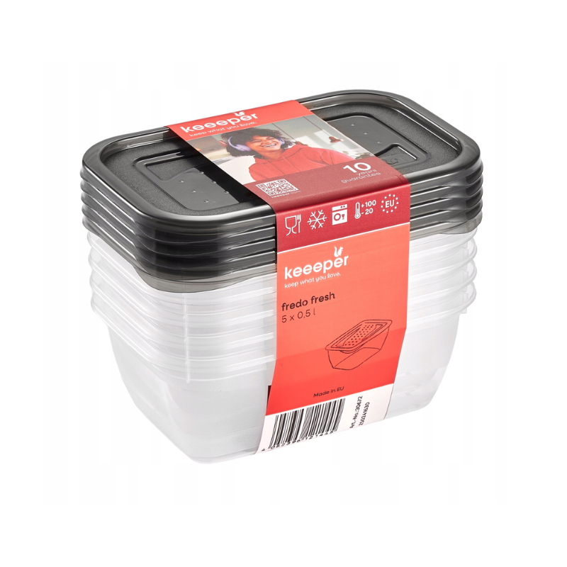 Pārtikas trauciņu komplekts taisnstūrveida 5x0,5L Fredo „Fresh“ caurspīdīgs/kristāla pelēks (0630672827)