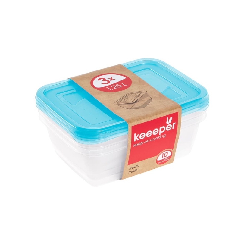 Pārtikas trauciņu komplekts taisnstūrveida 3x1,25L Fredo &bdquo;Fresh&ldquo; caurspīdīgs/gaiši zils (0630675632)