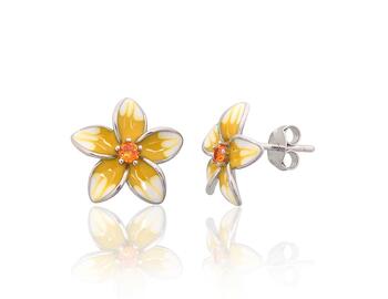 Серебряные серьги-пуссеты #2204288(PRh-Gr)_CZ-OR+ML-W+ML-Y, Серебро 925°, родий (покрытие), Цирконы , Ювелирная эмаль. Вес: 2.1