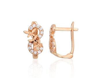 Золотые серьги на английском замке #1201477(Au-R)_CZ, Красное Золото 585°, Цирконы. Вес: 1.32