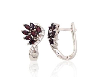 Серебряные серьги #2204059(PRh-Gr)_CZ+GR, Серебро 925°, родий (покрытие), Цирконы , Гранат. Вес: 5.7