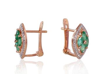 Золотые серьги на английском замке #1200250(Au-R+PRh-W)_DI+EM, Красное Золото 585°, родий (покрытие) , Бриллианты , Изумруд. Вес: 2.57