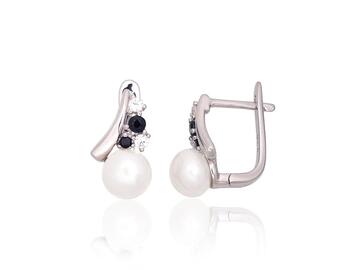 Sudraba auskari ar 'angļu' slēdzēju #2204331(PRh-Gr)_CZ+CZ-BK+PE, Sudrabs 925°, rodijs (pārklājums), Cirkoni , Pērles. Svars: 3.6