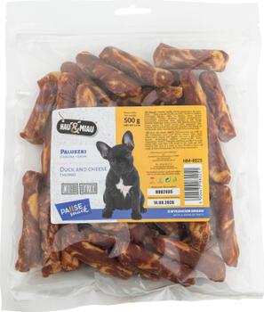 HAU & MIAU duck and chesse 500g — дополнительный корм для взрослых собак, утиное мясо и сырные палочки (HM-8225)