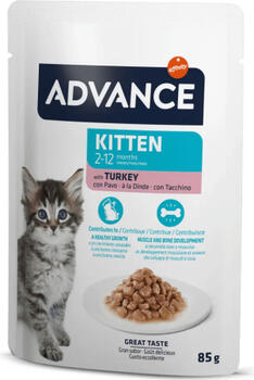 Advance Cat Kitten Turkey 85gr - полноценный и сбалансированный рецепт влажного корма, специально разработанный для котят (2-12 месяцев), беременных и кормящих кошек. С мясом индейки.(12gb) (964527)