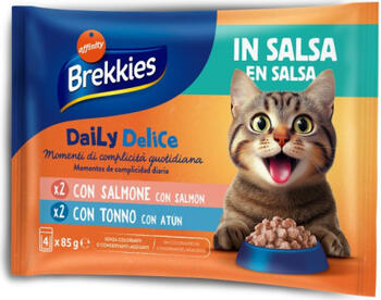 Brekkies Daily Delice Wet Cat Adult Salmon & Tuna 4x85 gr - konservi pieaugušiem kaķiem, ar lasi vai tunci. (968786)