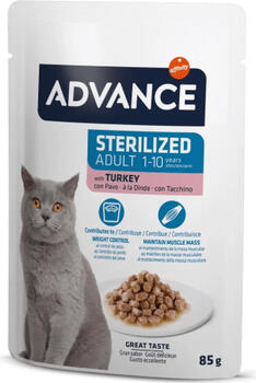 Advance Cat Sterilized Turkey 85gr – полноценный и сбалансированный влажный корм, специально разработанный с учетом потребностей стерилизованных взрослых кошек. С индейкой (12gb). (964529)