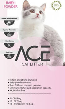 ACE Baby Powder CAT LITTER 5 LT - цементирующийся наполнитель для кошачьего туалета с детской пудрой, 5 л (ACE-001)