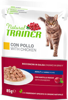 NATURAL TRAINER CAT CHICKEN 85 г — полнорационный корм для взрослых кошек, консервы кусочки в желе с курицей и экстрактом листьев клюквы.(28gb) (967544)